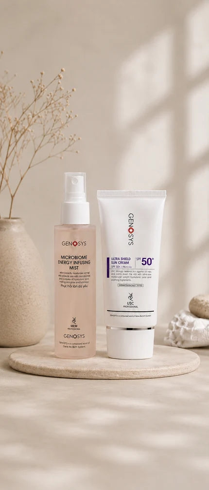 Genosys Ultra Shield Sun Cream SPF50++ og Microbiome Energy Infusing Mist sammen